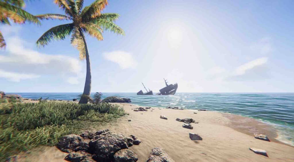  "Vẻ đẹp hoang sơ của Project Castaway, ảnh gameplay bờ biển yên bình với cây dừa và xác tàu đắm dưới ánh bình minh. Hình ảnh cho thấy một phần thế giới rộng lớn mà người chơi có thể khám phá."
