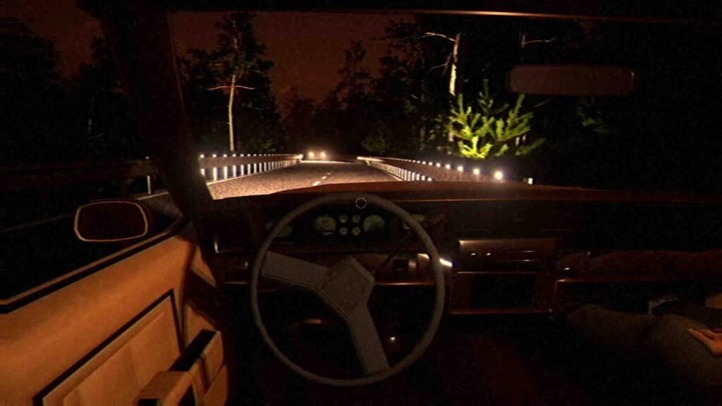 Road of Fear – Góc nhìn lái xe trong rừng đêm đầy căng thẳng Góc nhìn người lái trong game Road of Fear khi đang ngồi sau vô lăng chiếc xe chạy trong đêm.