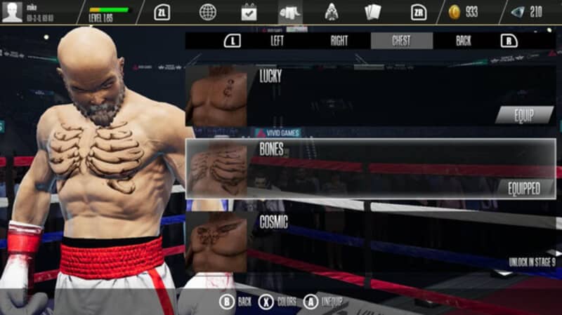 Màn hình tùy chỉnh nhân vật trong Real Boxing 2: Remastered "Ảnh gameplay game Real Boxing 2: Remastered, hiển thị màn hình tùy chỉnh nhân vật, trong đó người chơi có thể trang bị trang phục và nâng cấp cho võ sĩ của mình."