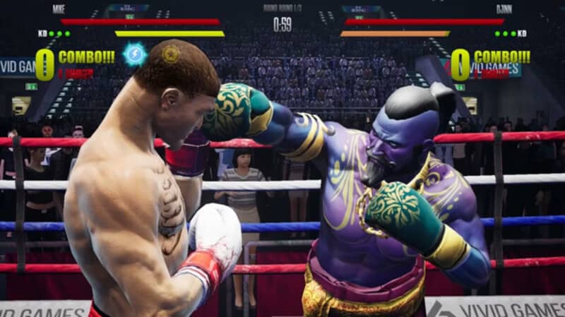 "Trận đấu boxing trong Real Boxing 2: Remastered" "Ảnh gameplay game Real Boxing 2: Remastered, hai võ sĩ đang thi đấu trong một trận boxing. Một võ sĩ đeo găng tay xanh đang tung cú đấm vào đối thủ của mình."