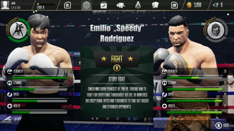 "Màn hình so sánh võ sĩ trước trận đấu trong Real Boxing 2: Remastered" "Ảnh gameplay game Real Boxing 2: Remastered, hiển thị màn hình so sánh hai võ sĩ là Emilio 'Speedy' Rodriguez và một đối thủ khác trước trận đấu 'Story Fight', với các chỉ số sức mạnh, tốc độ và thể lực."