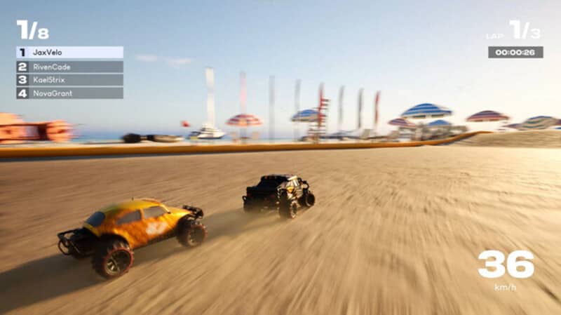  "Ảnh gameplay đua xe RC trên bãi biển, nhiều người chơi cùng tranh tài, chiếc xe màu cam dẫn đầu. Hình ảnh tốc độ cao, đồ họa chân thực, hiển thị góc nhìn từ phía sau xe, có bảng xếp hạng và thời gian vòng đua."