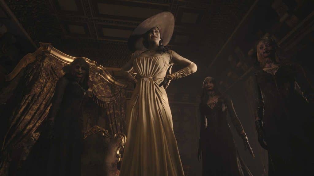 Resident Evil Village, Lady Dimitrescu cao lớn và ba cô con gái ma cà rồng của bà đứng trong lâu đài.