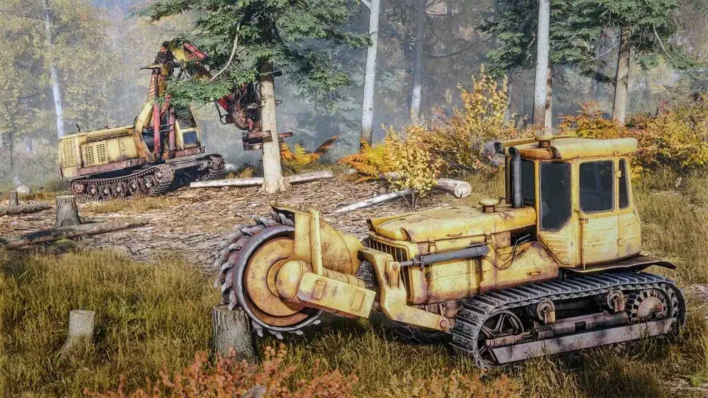 Máy cắt cây và xe ủi RoadCraft trong rừng thông