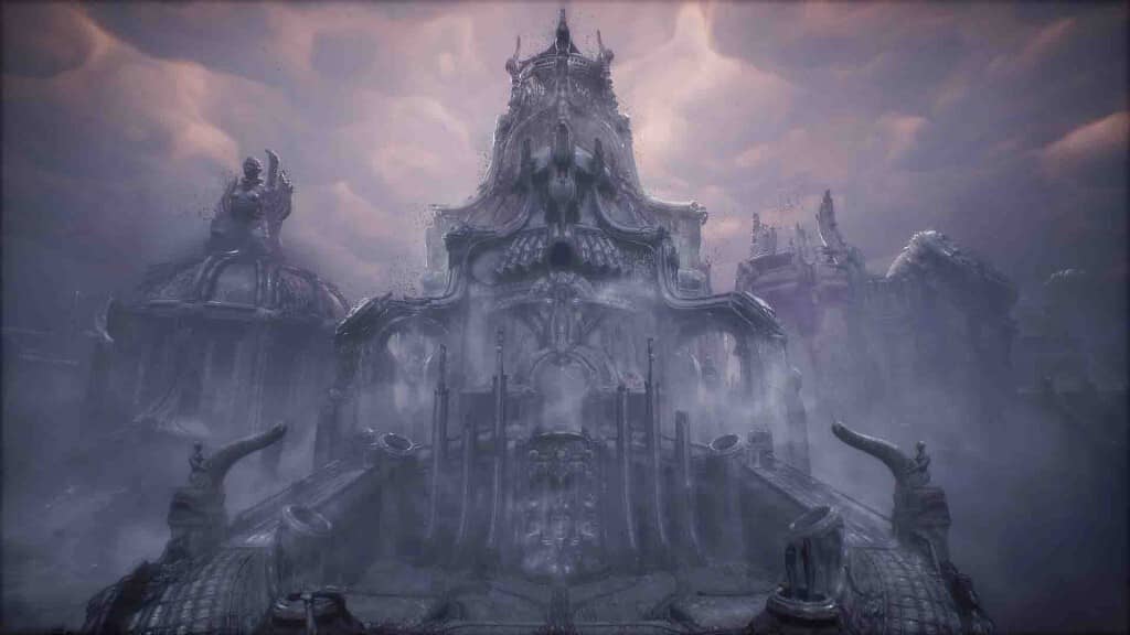 "Kiến trúc kỳ dị trong thế giới của Scorn" "Ảnh gameplay game Scorn, mô tả một tòa kiến trúc khổng lồ, kỳ dị được xây dựng từ xương và thịt, theo phong cách sinh học cơ khí (biomechanical). Bầu trời có màu tím u ám."