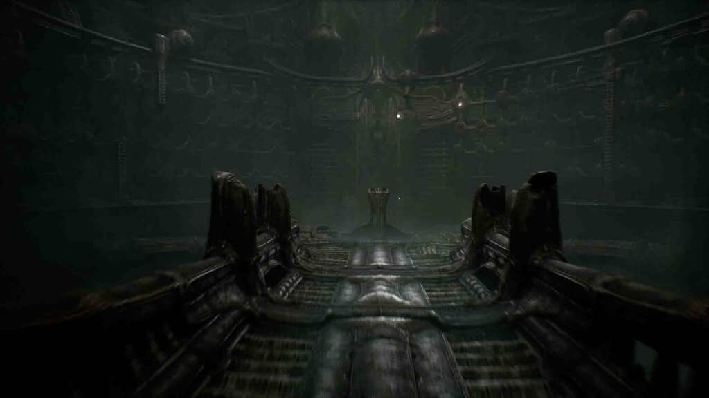 Nội thất rùng rợn trong Scorn Ảnh gameplay game Scorn, góc nhìn thứ nhất, nhân vật đang đứng trong một căn phòng với các bức tường và chi tiết nội thất giống như da thịt và xương. Căn phòng có một chiếc ghế lớn ở giữa.