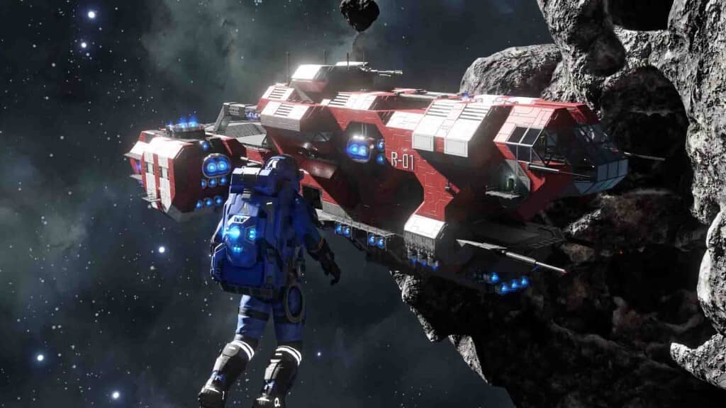 "Một phi hành gia trong không gian của Space Engineers 2" "Ảnh gameplay game Space Engineers 2, một phi hành gia đang bay lơ lửng trong không gian gần một con tàu vũ trụ lớn, với nhiều thiên thạch xung quanh."