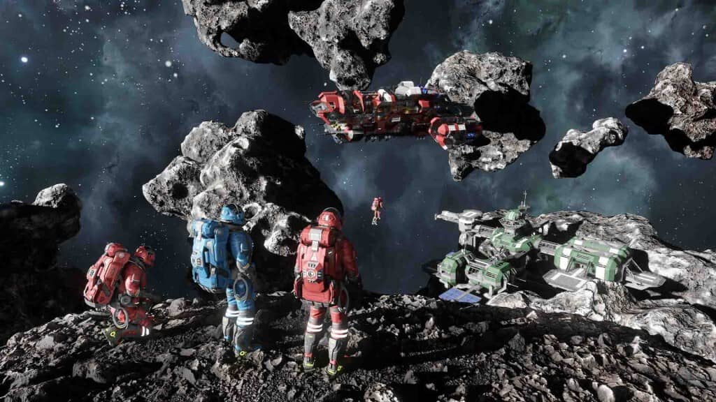 "Nhóm phi hành gia trên thiên thạch trong Space Engineers 2" "Ảnh gameplay game Space Engineers 2, một nhóm phi hành gia đang đứng trên một thiên thạch, nhìn về phía những con tàu vũ trụ và một phi hành gia khác ở phía xa."