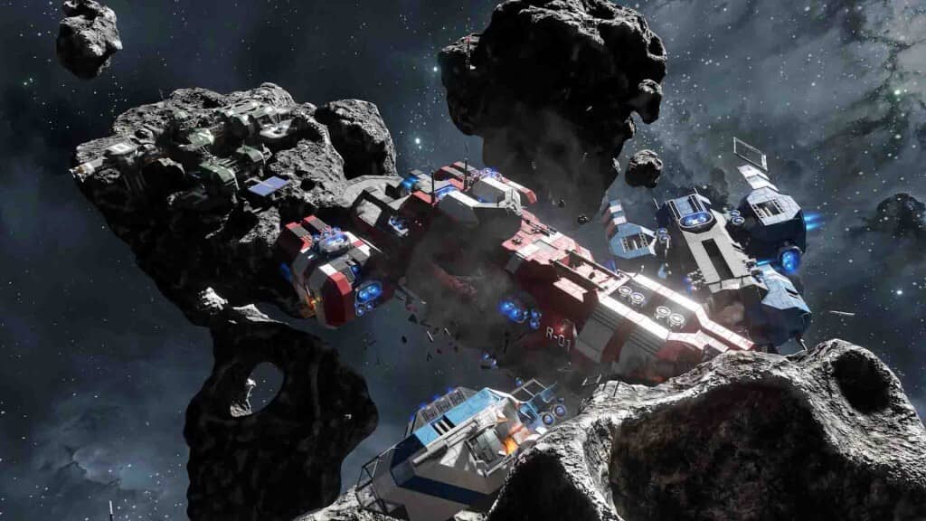 "Cảnh tàu vũ trụ bay trong trường thiên thạch của Space Engineers 2" "Ảnh gameplay game Space Engineers 2, một con tàu vũ trụ đang bay qua một trường thiên thạch, có nhiều mảnh vỡ và tàu vũ trụ khác xung quanh."