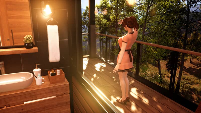 Phong cảnh lãng mạn trong Together BnB Ảnh gameplay Together BnB, một cô gái khác mặc váy màu cam đang đứng trên ban công với lan can kính. Phía sau là phong cảnh núi non, hồ nước và cây cối, thể hiện bối cảnh nghỉ dưỡng tuyệt đẹp.