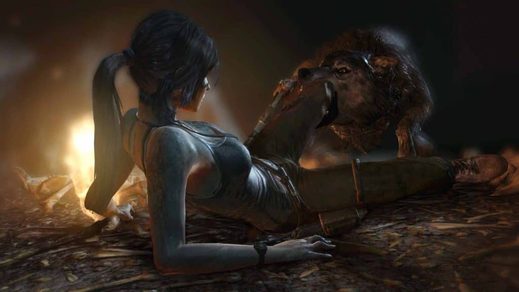 Hình ảnh Lara Croft đối mặt với sói và chấn thương trong game Tomb Raider GOTY lara-croft-bi-soi-can-chan-ben-lua-trai-tomb-raider-goty-pc
