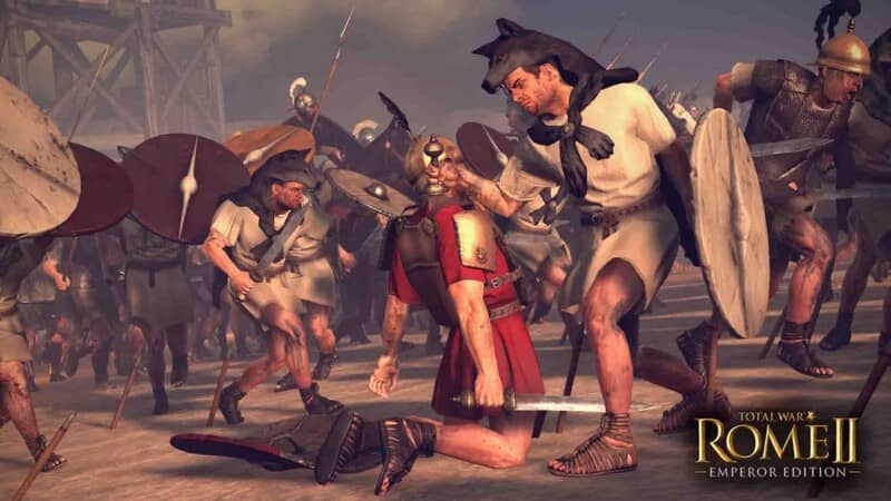 Ảnh gameplay Total War Rome II, một trận chiến cận chiến giữa binh lính La Mã và một phe khác. Một lính La Mã đang ra đòn hạ gục đối thủ, thể hiện sự khốc liệt của trận chiến.