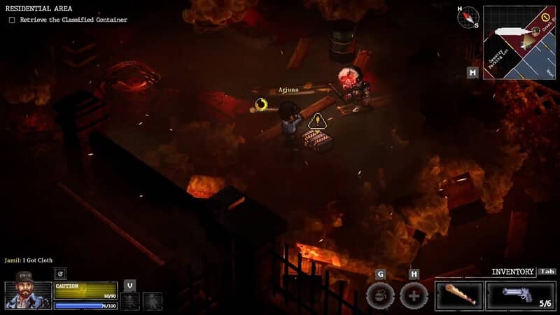 Cảnh gameplay Whisper Mountain Outbreak, nhân vật chiến đấu trong khu vực công nghiệp tối tăm, ánh sáng đỏ chiếu rọi khắp nơi.