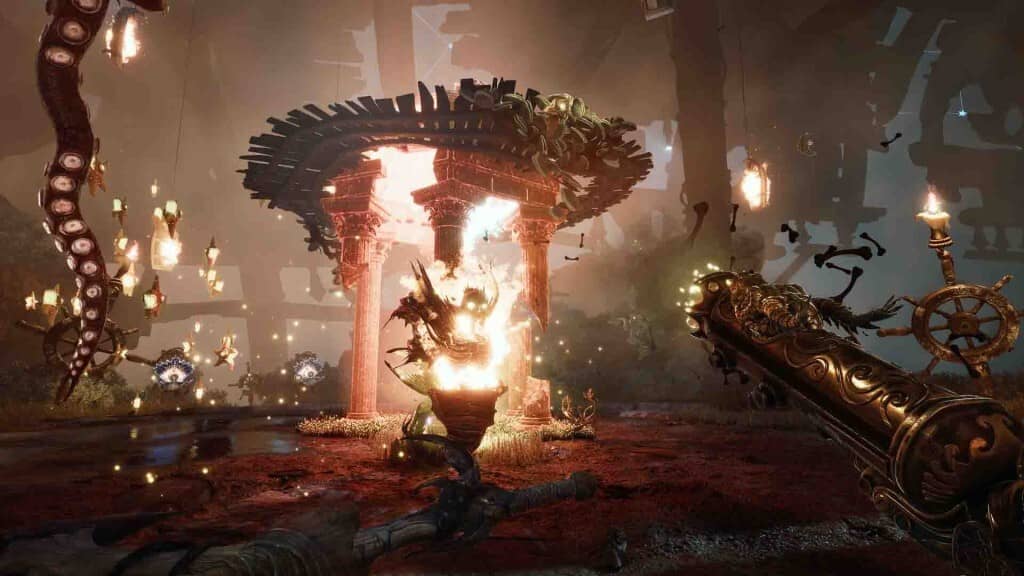 Trận chiến dữ dội với quái vật xúc tu trong gameplay DAVY x JONES Gameplay DAVY x JONES cảnh hải tặc chiến đấu quái vật xúc tu trong ngục tối rực lửa