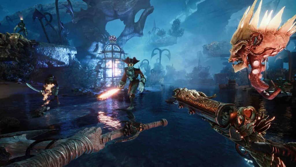 Đối mặt quái vật đầu cá trong gameplay DAVY x JONES DAVY x JONES gameplay hải tặc đối đầu quái vật biển dị dạng trong khung cảnh đại dương huyền ảo