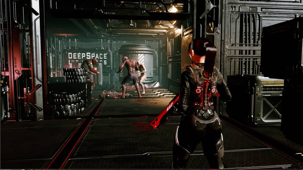 Gameplay Deep Space 7, nữ nhân vật chính dùng súng và rìu đối mặt với quái vật đáng sợ.