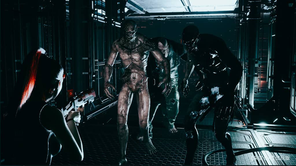Gameplay Deep Space 7, nhân vật chính cầm súng đối diện với một nhóm quái vật đột biến.