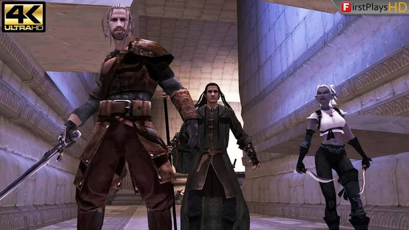 Gameplay Forgotten Realms Demon Stone, ba nhân vật chính đứng cạnh nhau trong một hành lang.