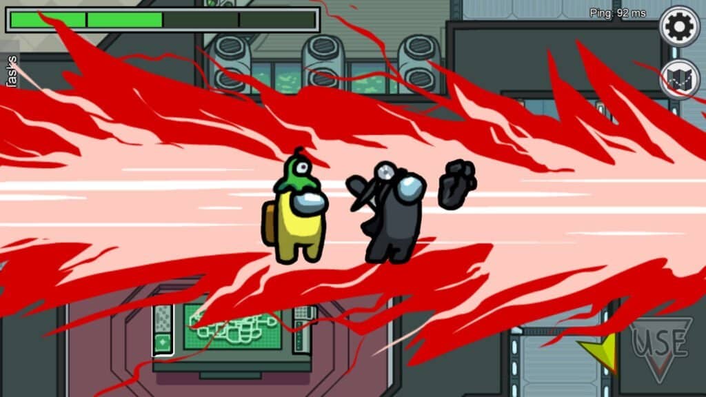 Cảnh Impostor ra tay sát hại đồng đội trong game Among Us. Among Us, Impostor màu đen tấn công một Crewmate màu vàng trong một căn phòng.