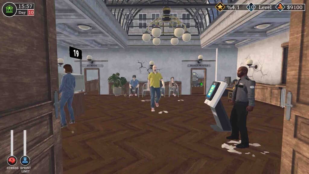 Banker Simulator, bối cảnh nội thất ngân hàng với một khách hàng đang đi trên sàn nhà bẩn.