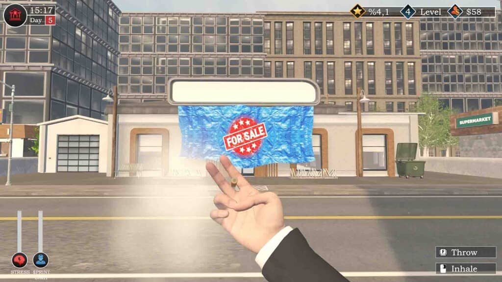Banker Simulator, người chơi ném điếu thuốc trên đường phố có biển hiệu "FOR SALE".