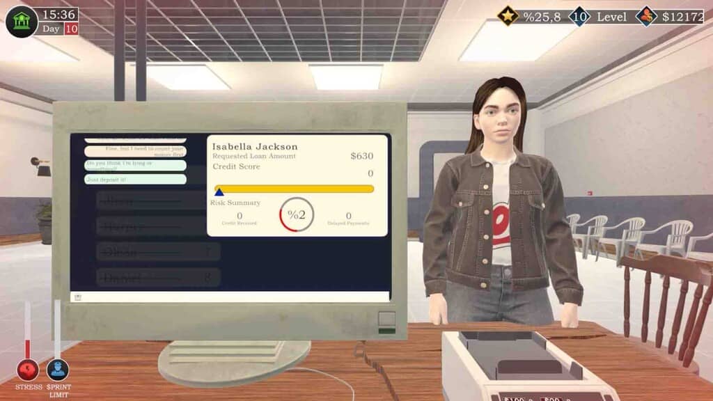 Banker Simulator, giao diện cho vay tiền với thông tin chi tiết về khách hàng Isabella Jackson.