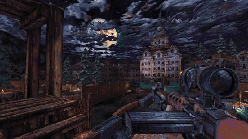 CULTIC - Khám phá thị trấn bí ẩn, chuẩn bị cho cuộc chiến sinh tồn CULTIC: Game bắn súng FPS retro. Người chơi với khẩu súng ngắm, nhìn ra thị trấn hoang vắng dưới trăng.