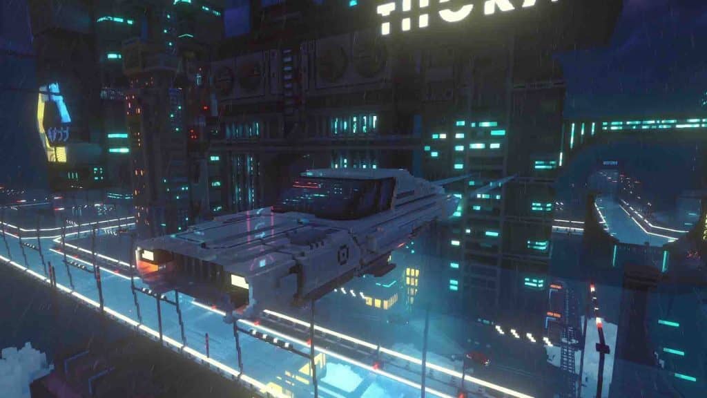 Cloudpunk: Vẻ đẹp thành phố cyberpunk về đêm. Cloudpunk: Phương tiện giao hàng bay qua những tòa nhà chọc trời, thành phố đèn neon. Bối cảnh mưa và tối.