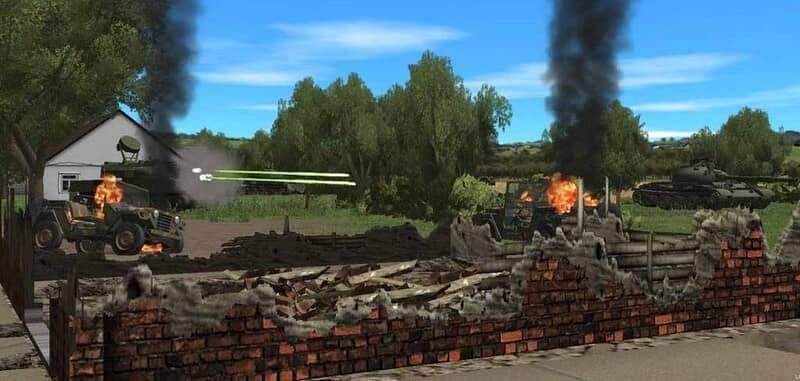 Những pha giao tranh nảy lửa và đầy kịch tính trong Combat Mission Cold War. Combat Mission Cold War, một chiếc xe jeep đang bắn tia laser vào một chiếc xe tăng đang bốc cháy.