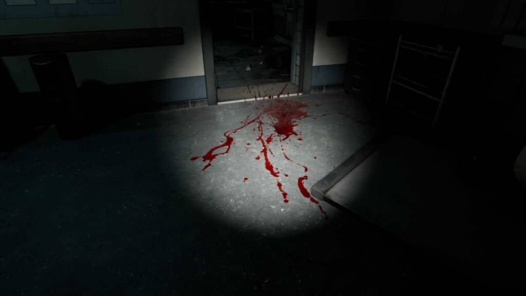 Chi tiết vệt máu kinh hoàng, làm nổi bật không khí rùng rợn của Cursed Hospital. Cursed Hospital gameplay vệt máu lan trên sàn nhà bệnh viện ma ám