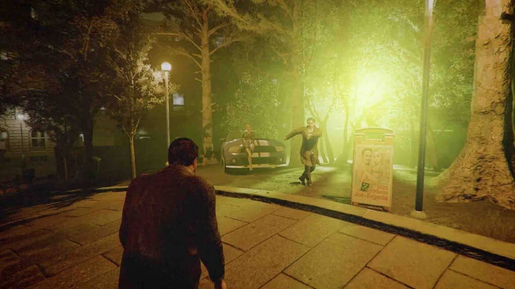 Khám phá DEN PAIN: Cuộc đối đầu kịch tính dưới ánh đèn neon chói lòa! Gameplay DEN PAIN: nhân vật nam đối diện 2 kẻ thù trong công viên, ánh sáng chói mắt.