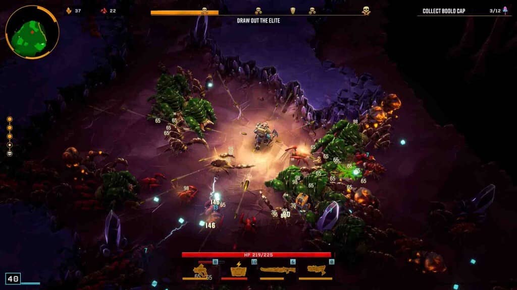 Deep Rock Galactic Survivor: Đắm chìm vào những pha hành động nghẹt thở. Deep Rock Galactic Survivor: Mưa đạn tấn công, nhân vật bị bao vây bởi quái vật.
