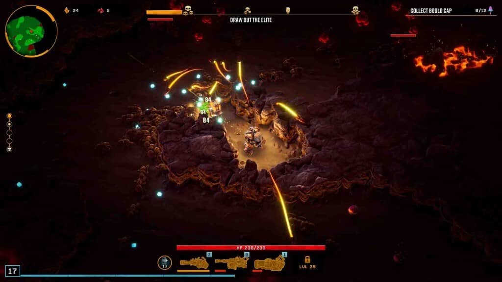Deep Rock Galactic Survivor: Sẵn sàng đối mặt với Dreadnought chưa? Deep Rock Galactic Survivor: Cận cảnh boss Dreadnought, mắt phát sáng trong hang tối.