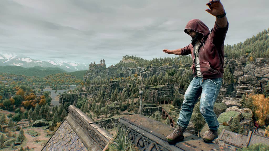 Những pha chạy parkour đỉnh cao trong Dying Light The Beast! Dying Light The Beast gameplay: người chơi leo trên mái nhà, xác sống đuổi theo.