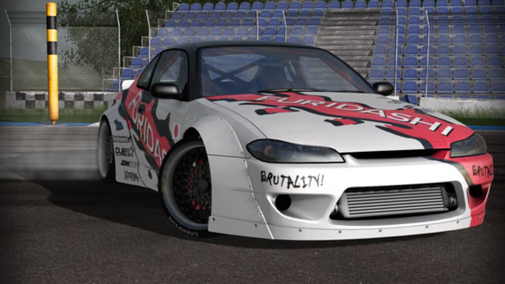 FURIDASHI Drift Cyber Sport: Chiêm ngưỡng siêu phẩm xe drift với thiết kế hầm hố và độc đáo. FURIDASHI Drift Cyber Sport: Cận cảnh chiếc xe đua trắng đỏ nổi bật với logo game và các chi tiết độ.