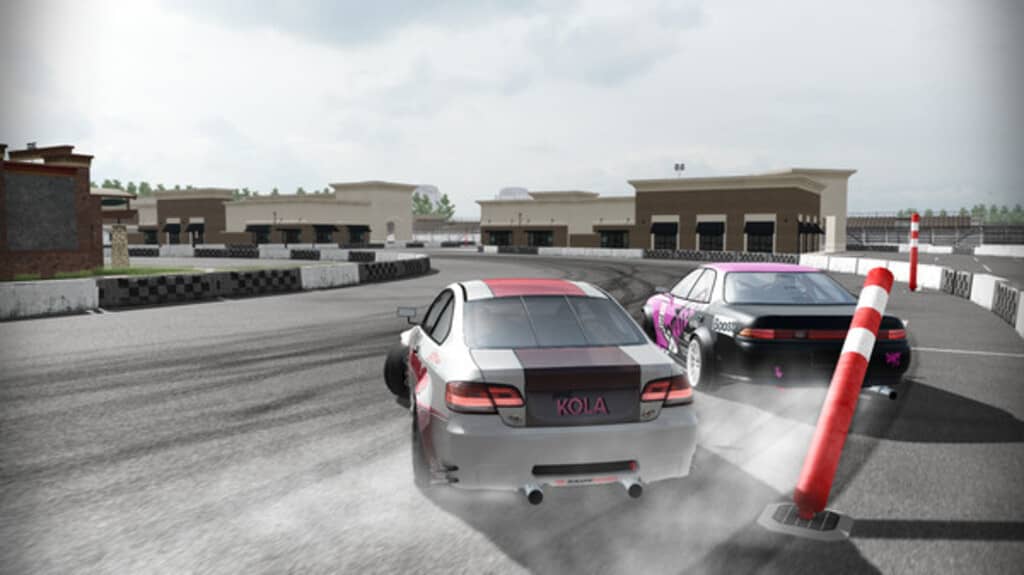 Đua Drift đỉnh cao trong FURIDASHI: Cảm nhận tốc độ và kỹ năng điêu luyện! Gameplay FURIDASHI Drift Cyber Sport: Hai xe đua drift song song, tạo khói trắng trên đường đua.