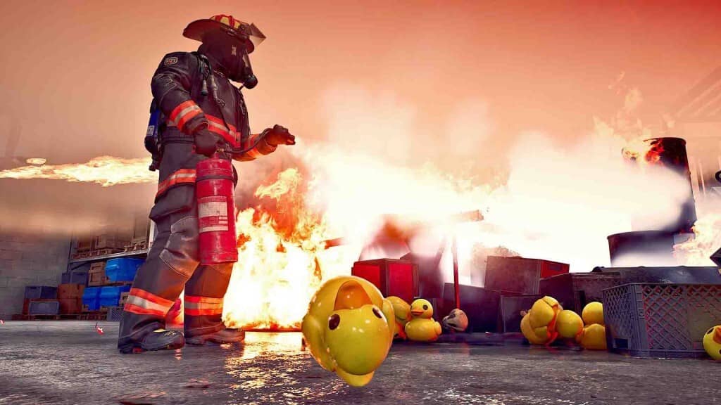 Firefighting Simulator Ignite: Lính cứu hỏa đối mặt với đám cháy lớn, đứng giữa những con vịt cao su.