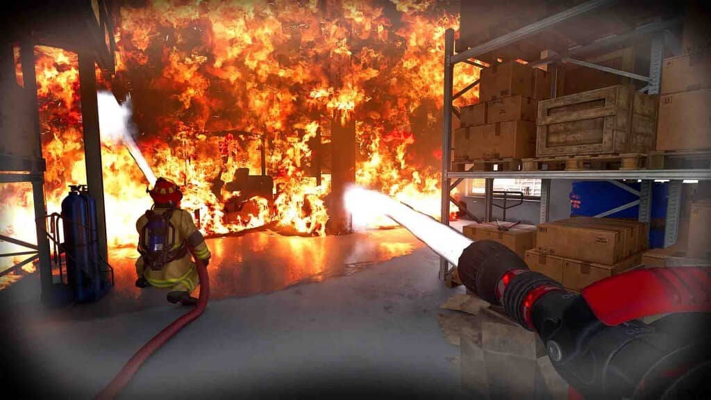 Firefighting Simulator Ignite: Lính cứu hỏa dập tắt đám cháy trong nhà kho, nước phun ra mạnh mẽ.
