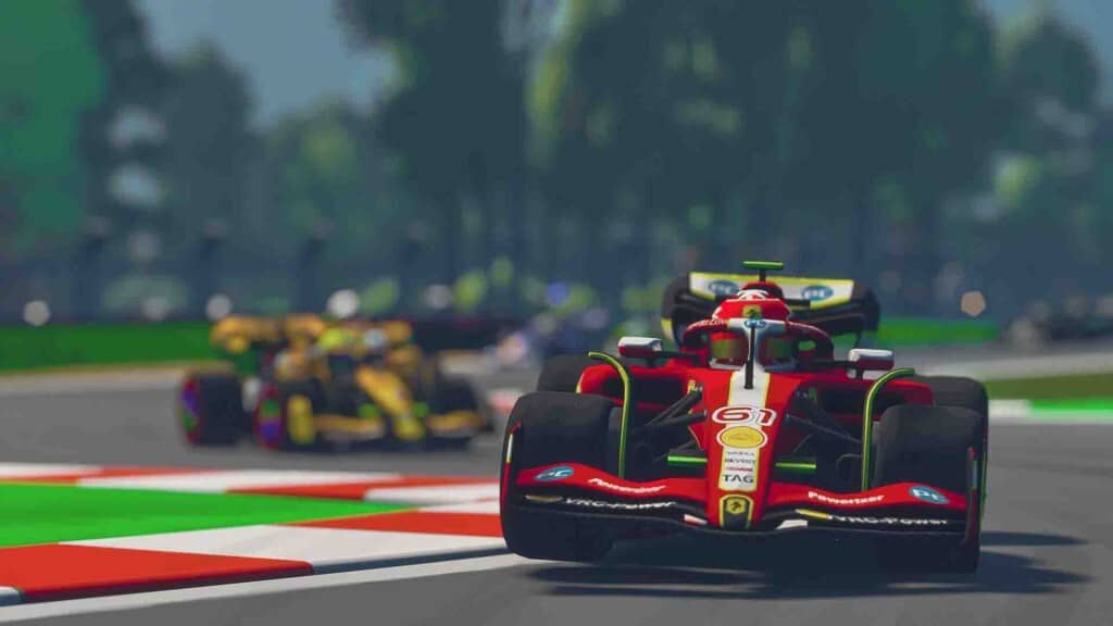 Formula Legends: Thử tài đua xe tốc độ cao trên đường đua! Formula Legends gameplay: Các xe đua trên đường đua, với xe màu đỏ ở phía trước.