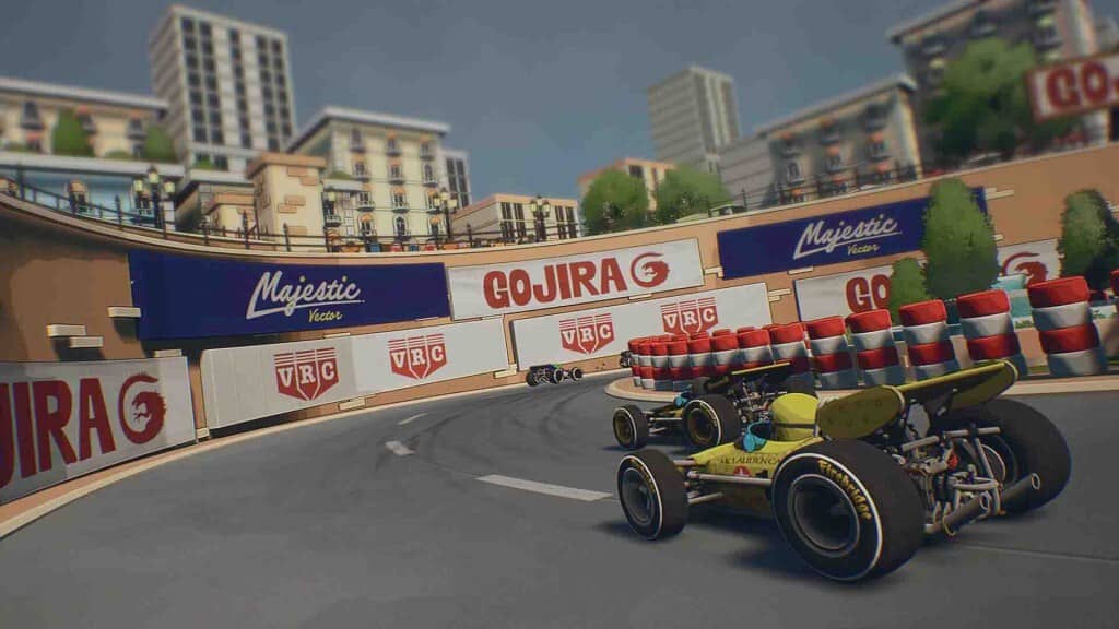 Formula Legends: Tận hưởng những cung đường đua tuyệt đẹp! Formula Legends gameplay: Xe đua màu vàng trên đường đua quanh thành phố.