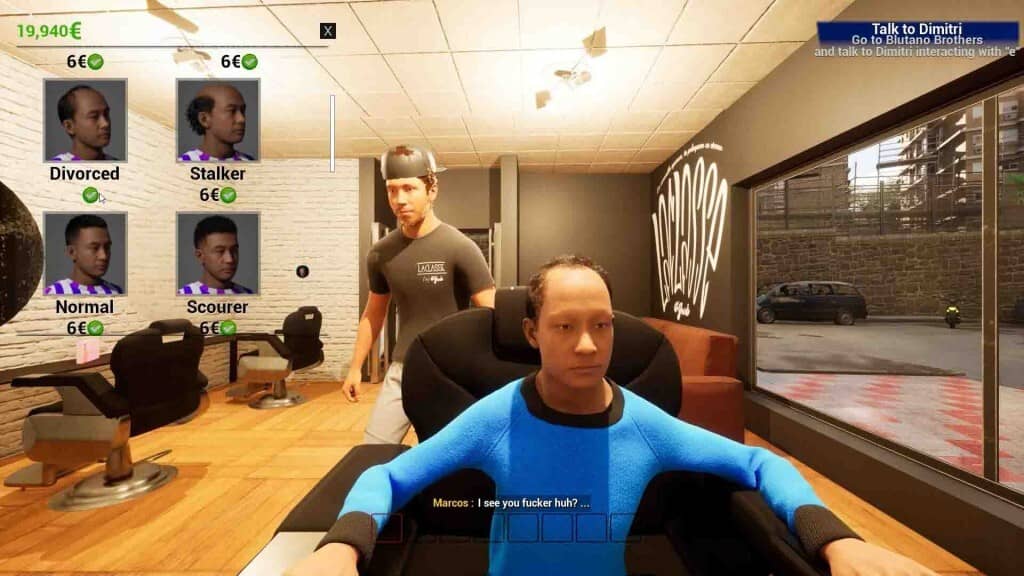 Khám phá thế giới và tùy chỉnh nhân vật trong Bazar Simulator: The Wan Story. Bazar Simulator: The Wan Story - Nhân vật đang chọn kiểu tóc trong tiệm cắt tóc, với các lựa chọn "Normal", "Divorced", "Stalker", và "Scourer".