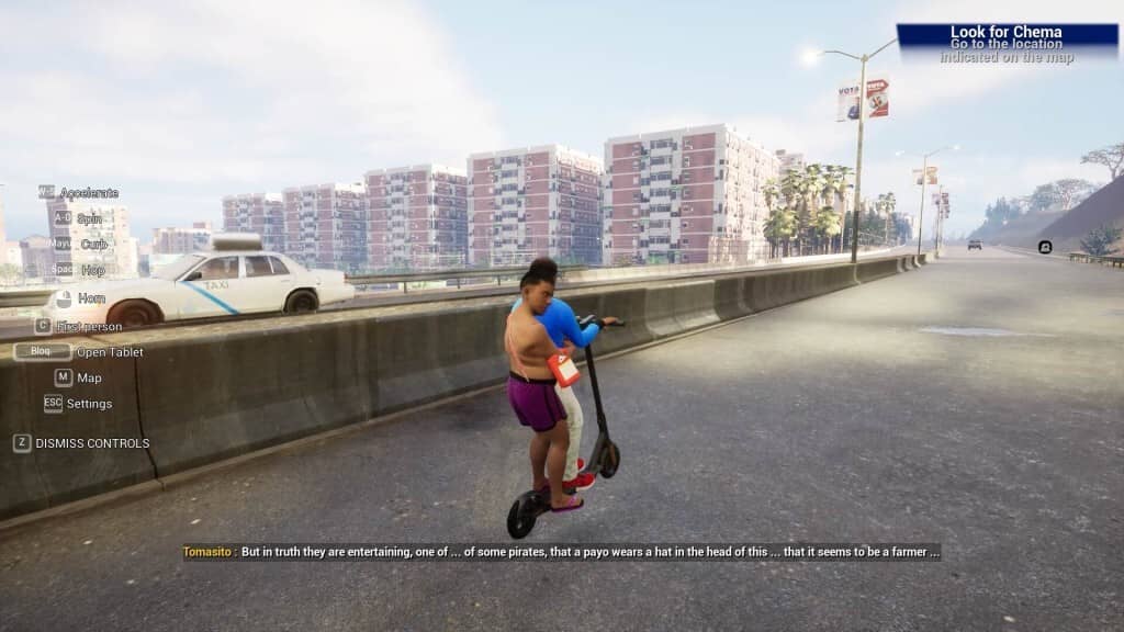 Trải nghiệm cuộc sống hàng ngày với các phương tiện thú vị trong Bazar Simulator: The Wan Story. Bazar Simulator: The Wan Story - Nhân vật đang cưỡi một chiếc xe điện trên đường phố.