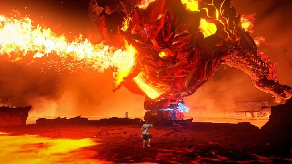 Nhân vật Djeeta chiến đấu với một con quái vật rồng khổng lồ đang phun lửa trong Granblue Fantasy Relink