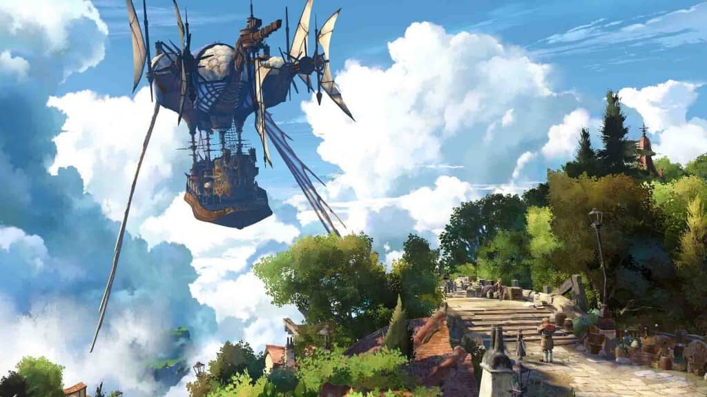  Thuyền bay Grandcypher bay trên một ngôi làng nhỏ dưới ánh nắng trong Granblue Fantasy Relink