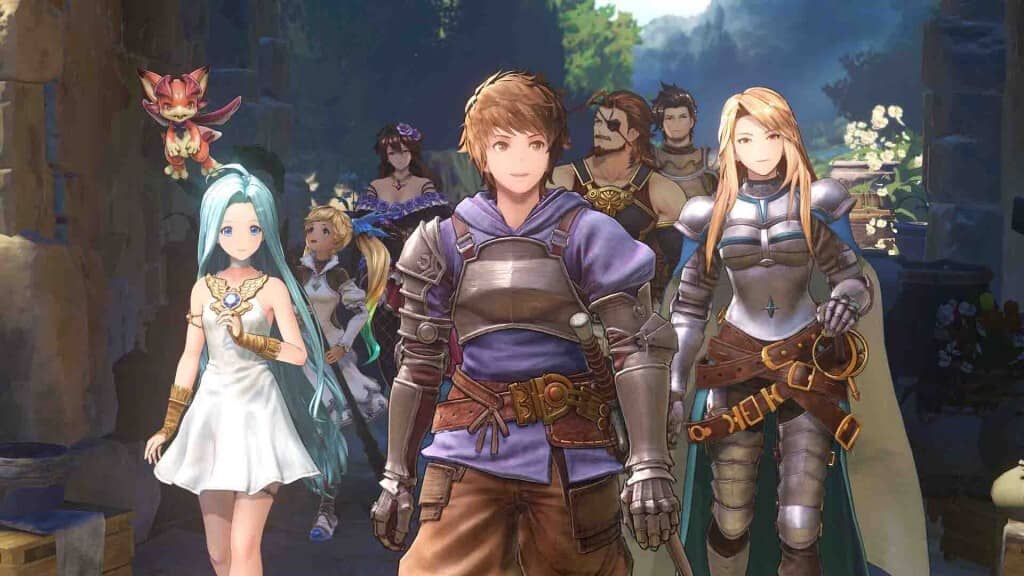 Nhóm nhân vật chính của game Granblue Fantasy Relink đứng cùng nhau, bao gồm Gran, Lyria và Katalina