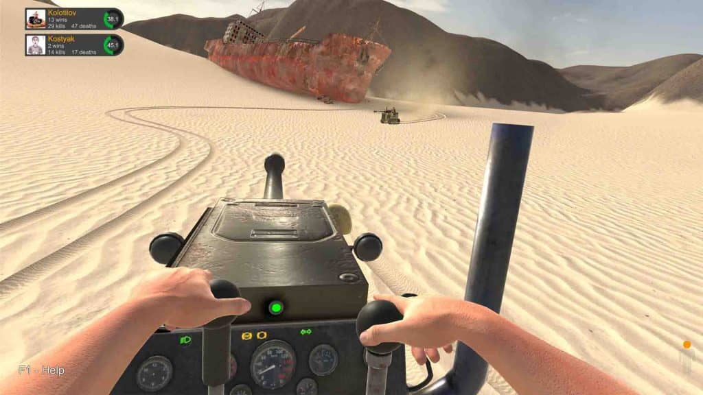 Hand Simulator gameplay: nhân vật điều khiển một chiếc xe tăng độc đáo, đang di chuyển trên sa mạc.