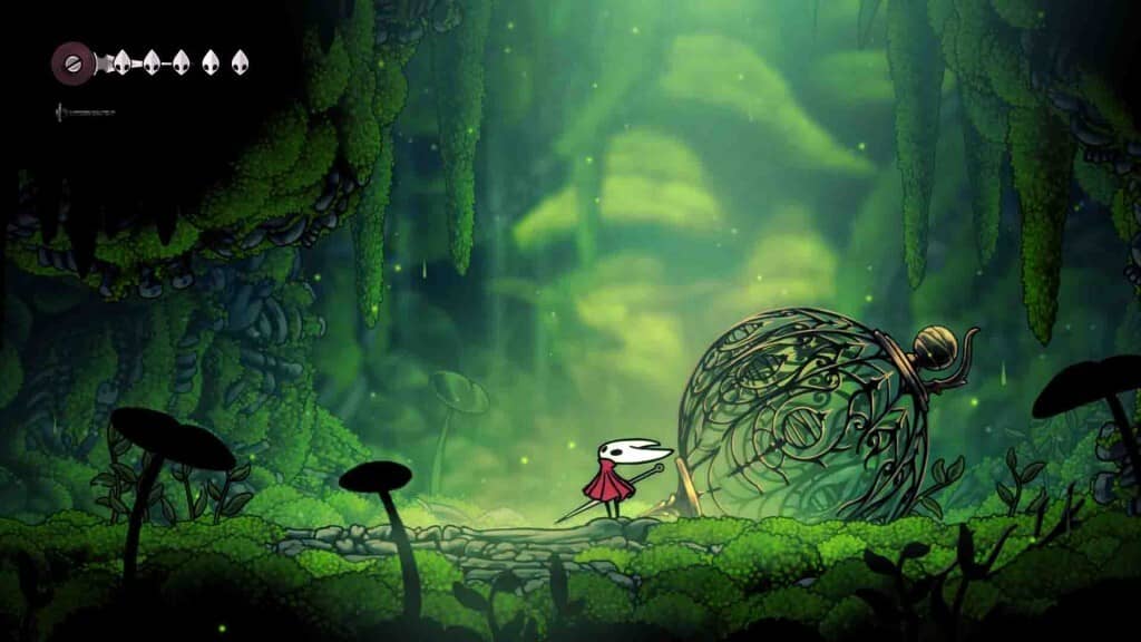 Hornet đứng gần chiếc chuông khổng lồ trong khu rừng Greenpath Hollow Knight Silksong