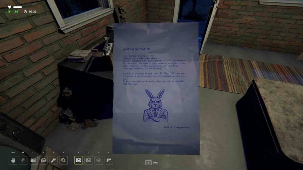 I Want to Believe: Cận cảnh giấy mời họp "Meeting Invitation" với hình thỏ mặc vest, trên sàn nhà.