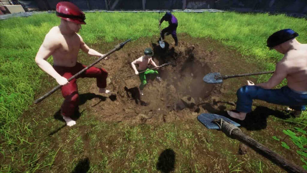  Keep Digging: Ba nhân vật đang đào một cái hố lớn trên một cánh đồng cỏ xanh.