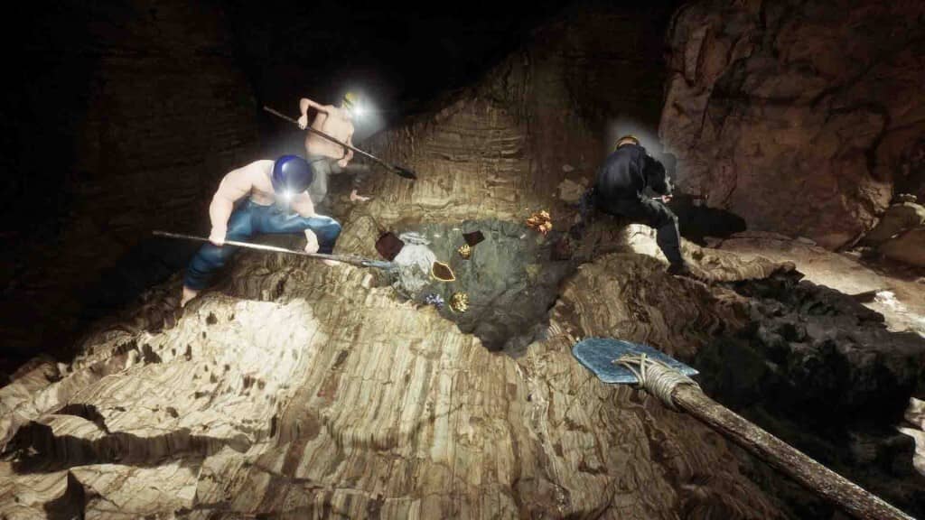 Keep Digging: Nhân vật đeo đèn pin đang đào hang sâu, tìm kiếm vàng và trang sức.
